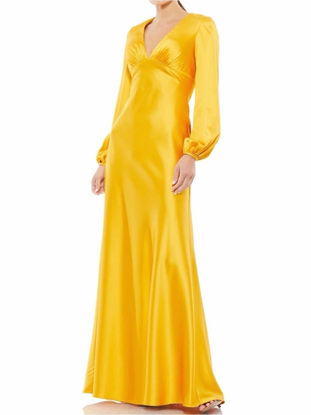Mac Duggal Golden Marigold Satin V-Neck Long Sleeve Gown